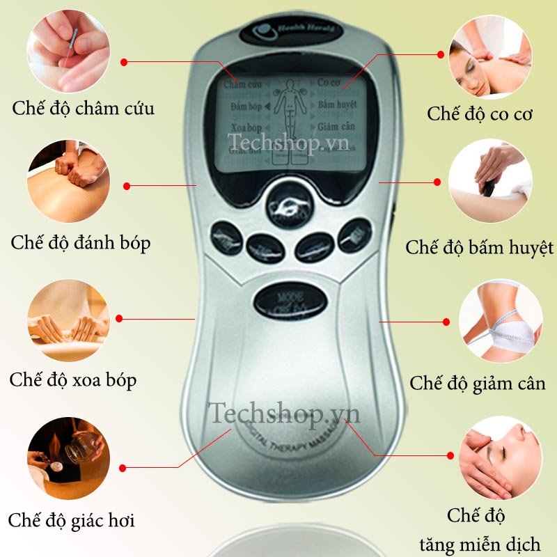 Máy massage trị liệu xung điện xoa bóp, bấm huyệt đa năng 4 miếng dán có tác dụng Châm cứu, Xoa bóp, Máy đấm, Cạo gió, Massage, Giảm béo, Giác hơi, Miễn dịch điều tiết