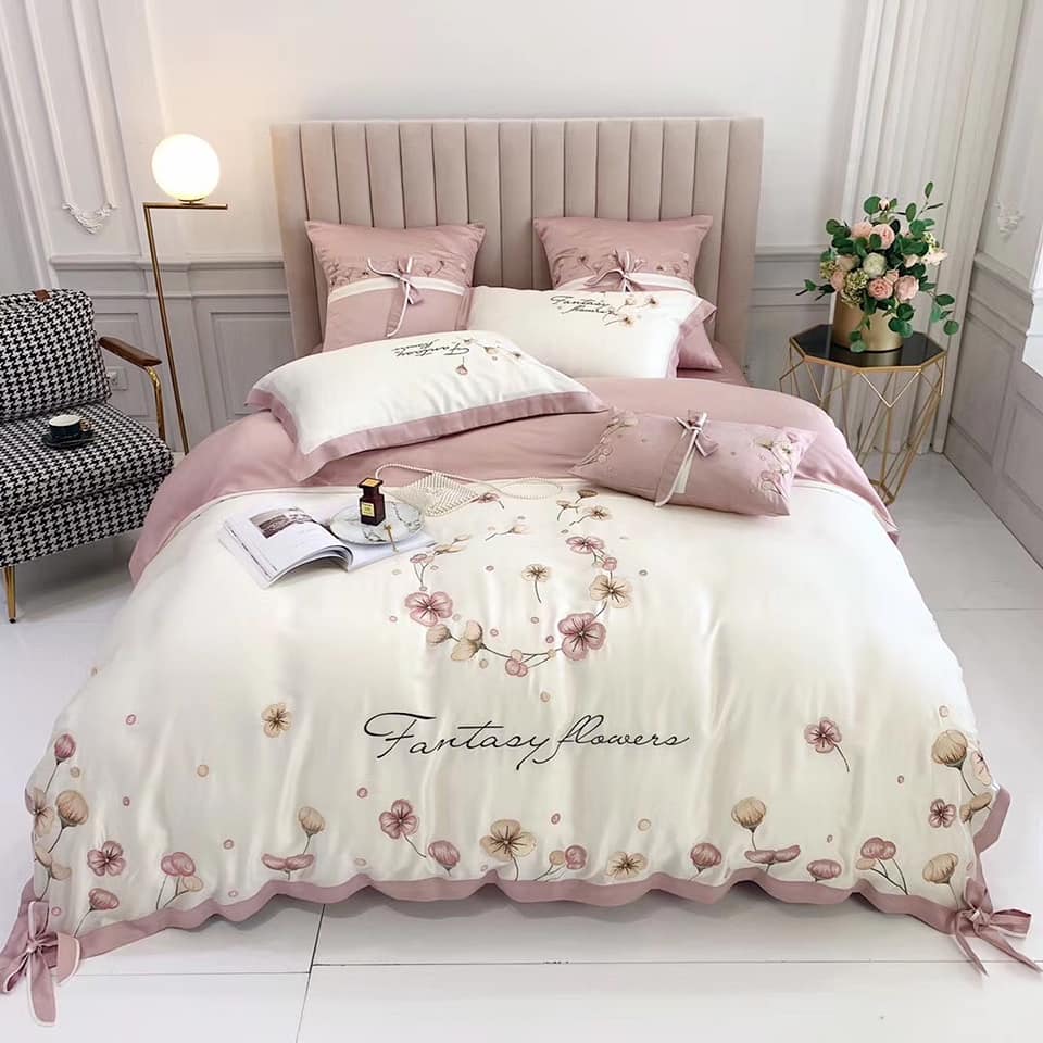 Bộ chăn ga gối lụa tencel 100s hoa bồ công anh cao cấp
