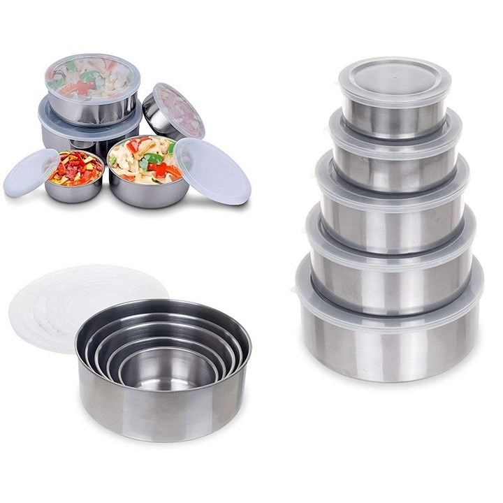 Bộ 5 hộp đựng thực phẩm trong tủ lạnh Inox cao cấp - Hộp Inox đựng thực phẩm bảo quản thức ăn cho tủ lạnh cao cấp