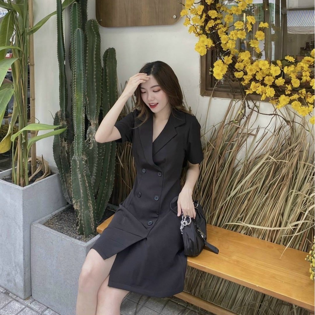 Đầm Xoè Cổ Vest Sơ Mi Đen Cổ V Chiết Eo - DX0079
