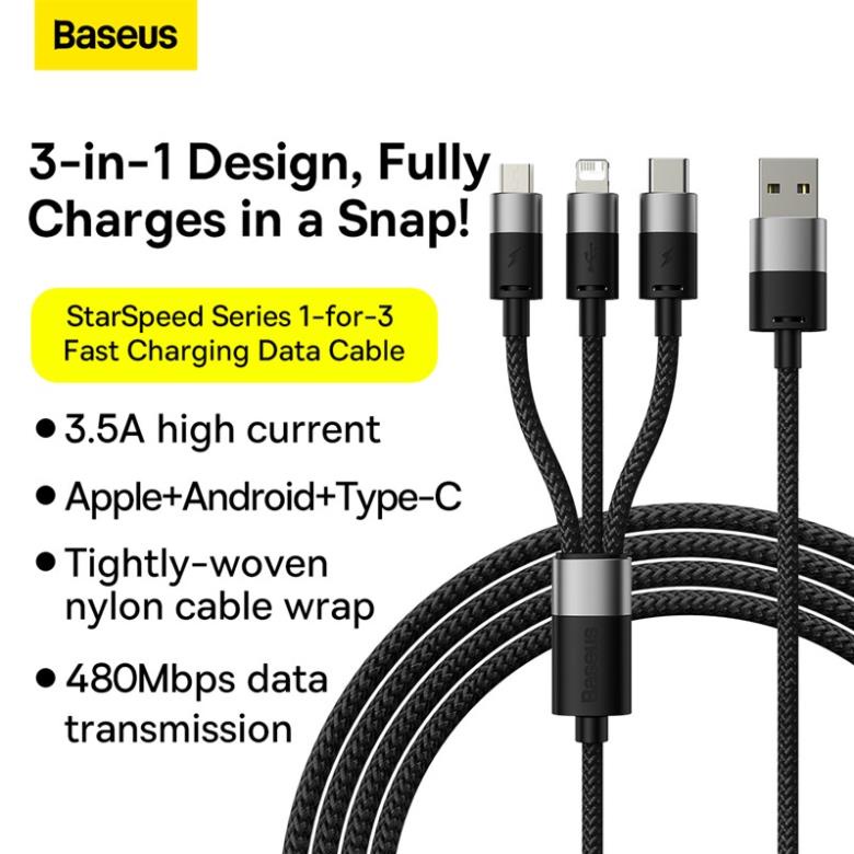 Dây Cáp Sạc Baseus 3 Trong 1 USB C Cho iPhone 3.5A Samsung Xiaomi