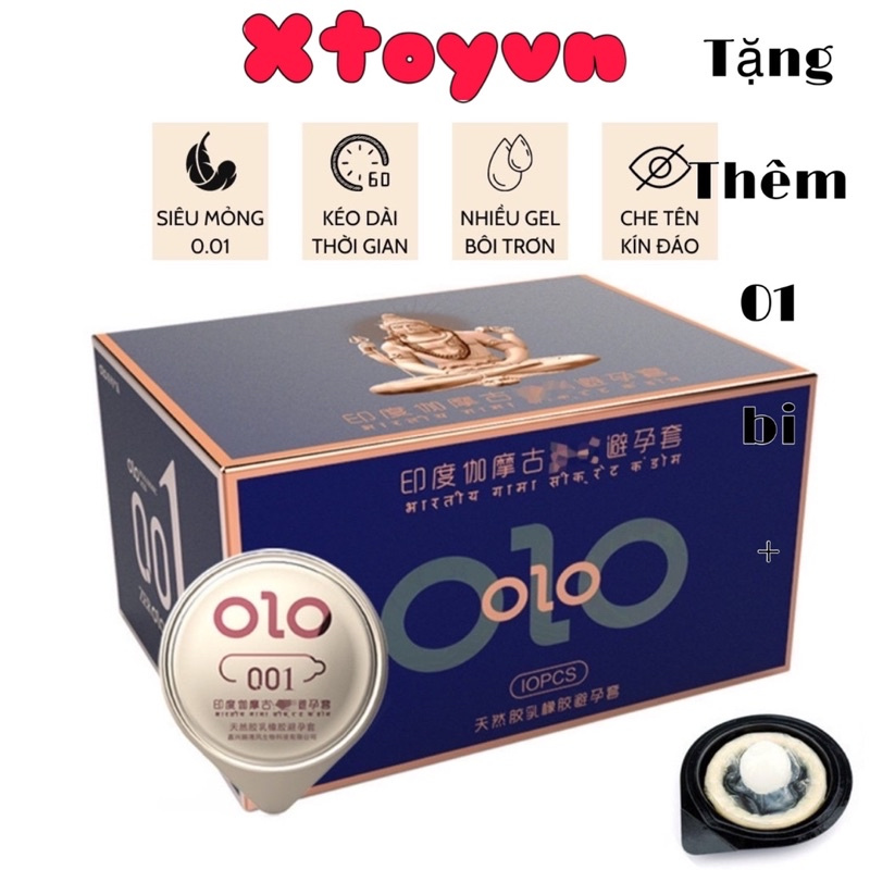 Bao Cao Su OLO 001 Xanh , Siêu Mỏng Tặng Kèm Bi , Kéo Dài Thời Gian - Gốc Nước - Hộp 10 Bcs + 1 viên bi