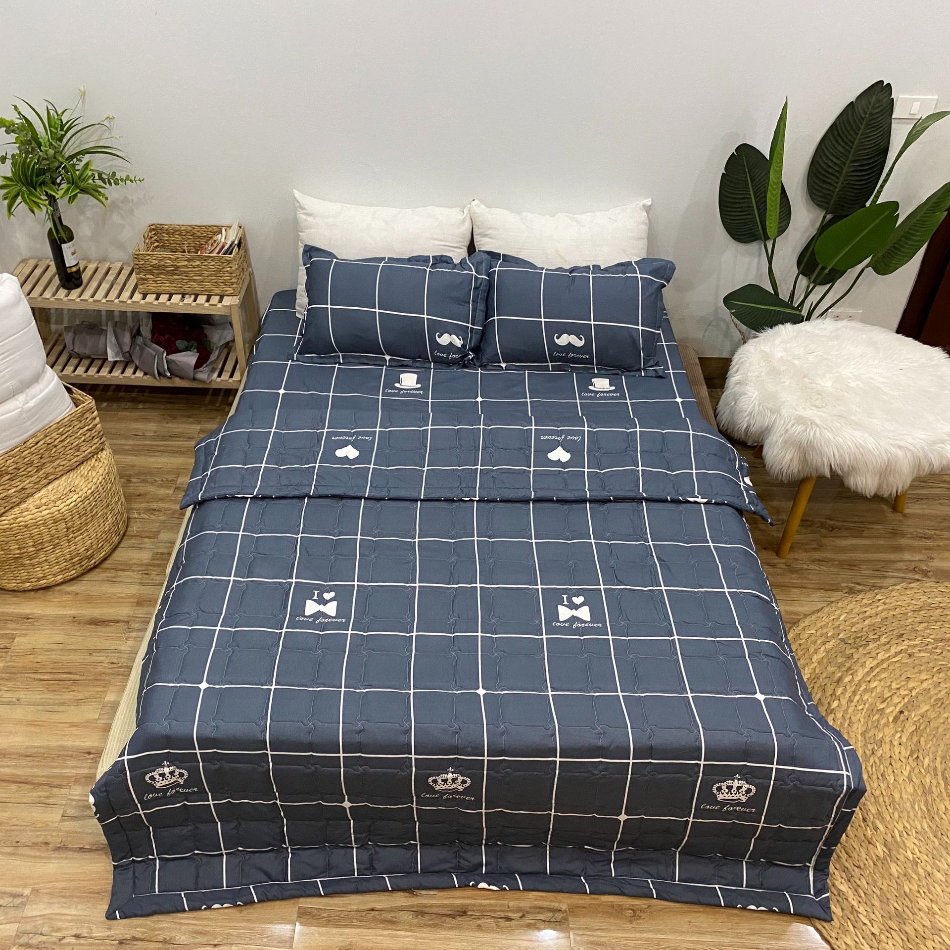 Bộ Chăn Ga Gối Cotton Poly - Kẻ Dâu ( 3 Món , 4 Món , 5 Món ) Tiệm Nhà Cá