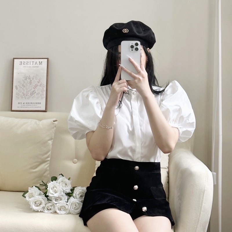 Áo sơ mi tay phồng cúc ngọc EMIX, chất lụa thô, freesize dưới 55kg, basic, cổ sơ mi, cộc tay 856