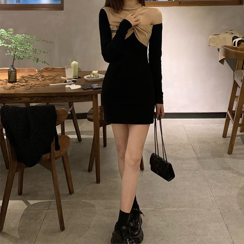 Váy body dài tay , đầm ngắn dáng ôm sexy , hở vai vải bông co dãn cao cấp phong cách thu đông Hàn Quốc