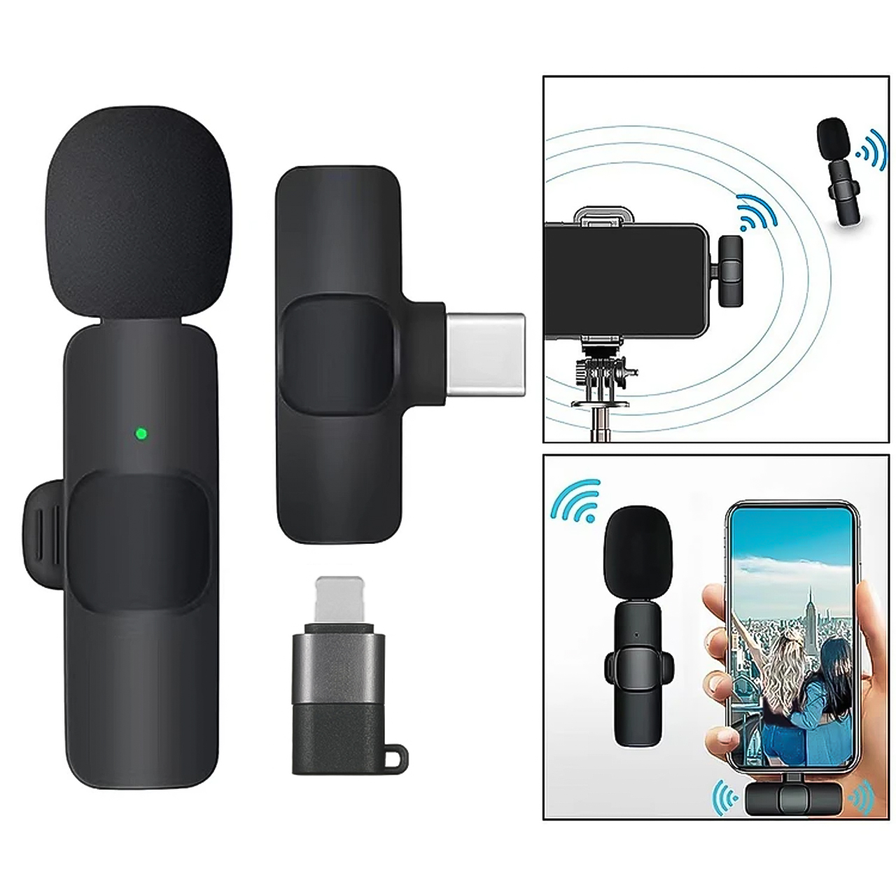 Bộ mic thu âm cho điện thoại android, iphone cài áo,micro không dây lọc tiếng ồn quay video, làm vlog, review sản phẩm, míc thu âm livestream bán hàng, trò chuyện, kết nối cổng type-c, lightning , micro kẹp áo ghi âm chuẩn