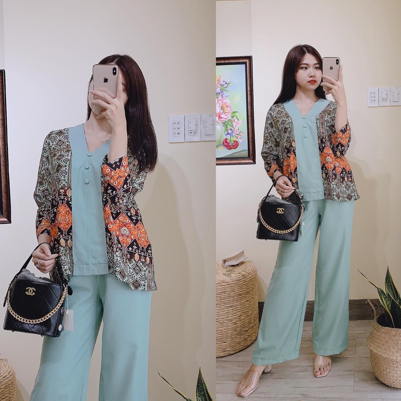 Sét bộ bà ba in hoa sen +quần ống rộng lụa mềm-TS