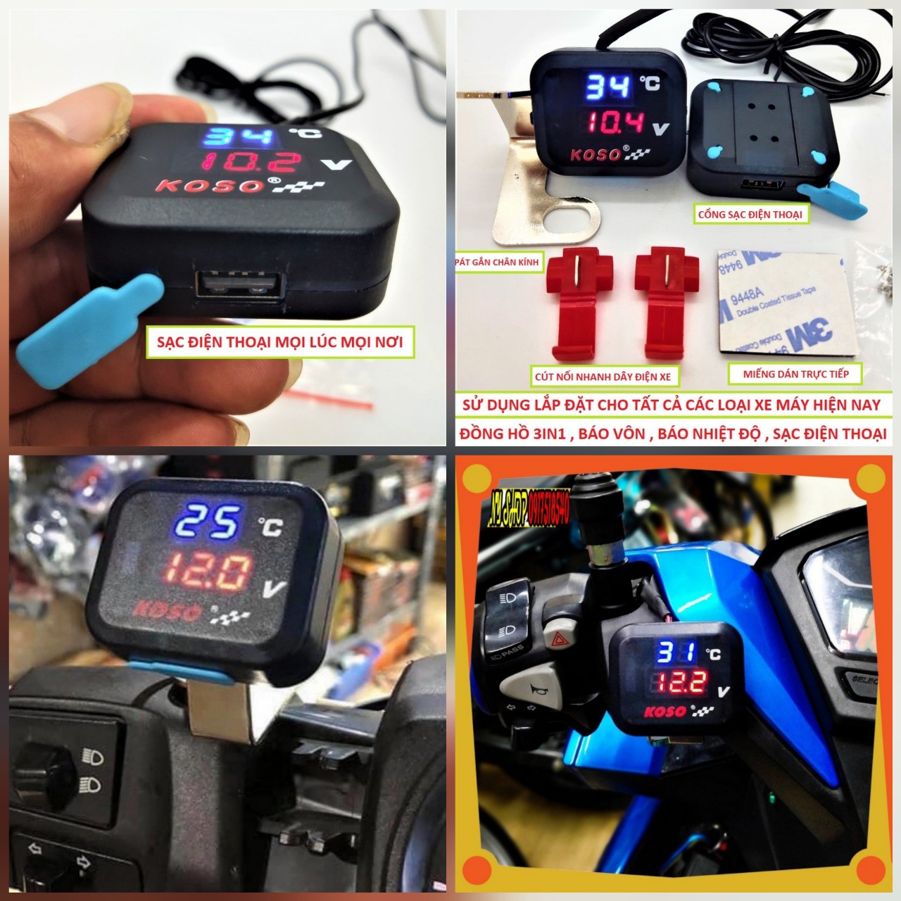 Đồng hồ báo vôn 3in1 gắn xe máy mẫu mới gắn chân kính cực hót , Đồng hồ koso 3 chế độ siêu chất , Đồng hồ xe máy