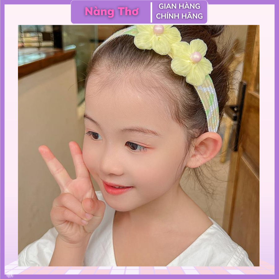 Bờm cài tóc dán dính hoa và nơ cho bé siêu đáng yêu