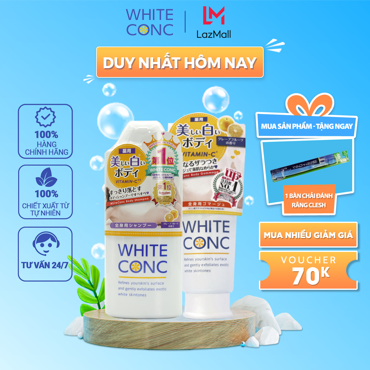 Combo 2 sản phẩm sữa tắm trắng da white ConC body shampoo CII và tẩy da chết trắng da toàn thân white ConC body GC II.