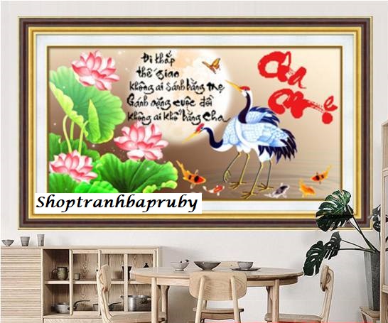 [HCM]Tranh đính đá Cha Mẹ hoa sen DF211 kích thước 90 x 50 cm