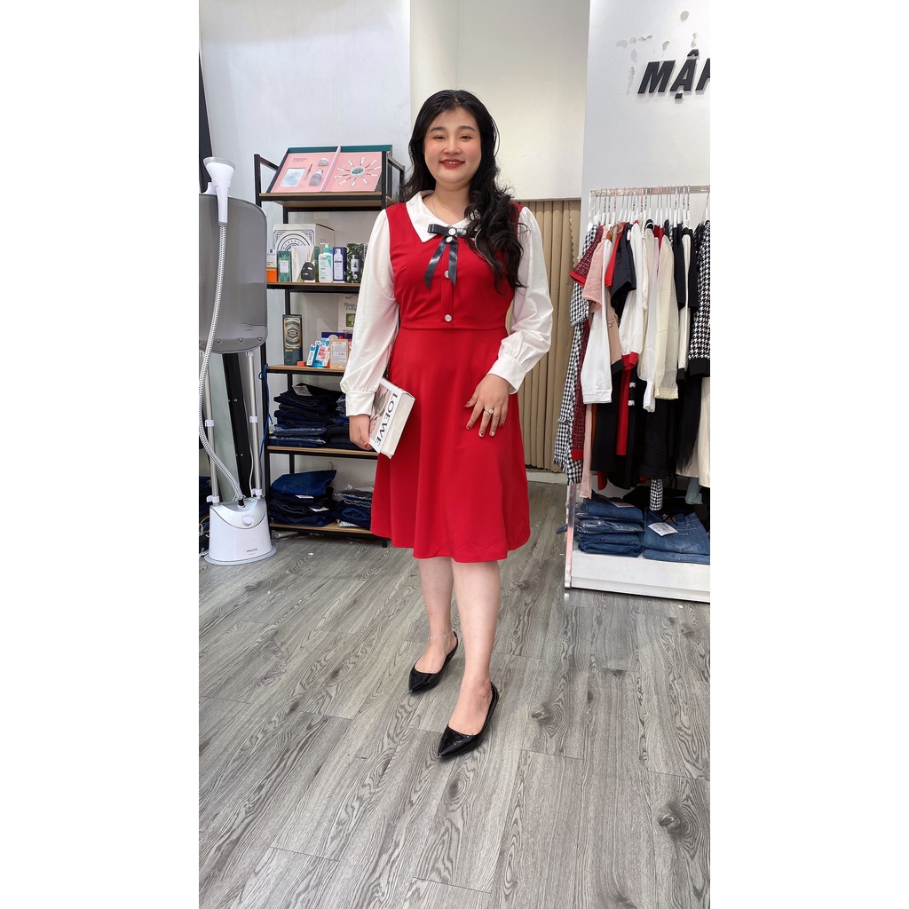 Đầm thun đỏ phối tay kem nơ ngực, chất cotton lụa cao cấp co giãn, sang chảnh dự tiệc