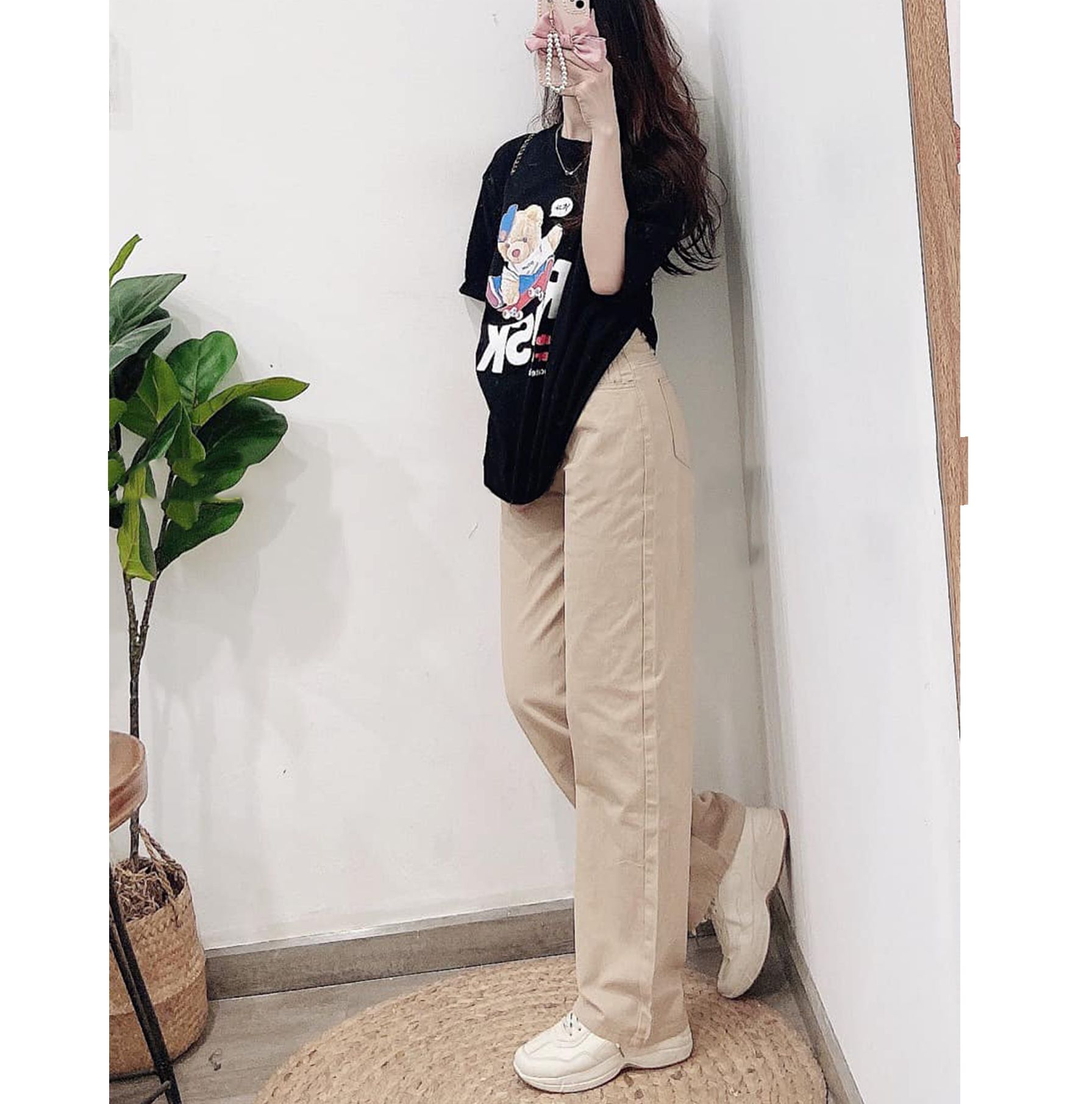 Quần kaki jean suông ống rộng kem - leda