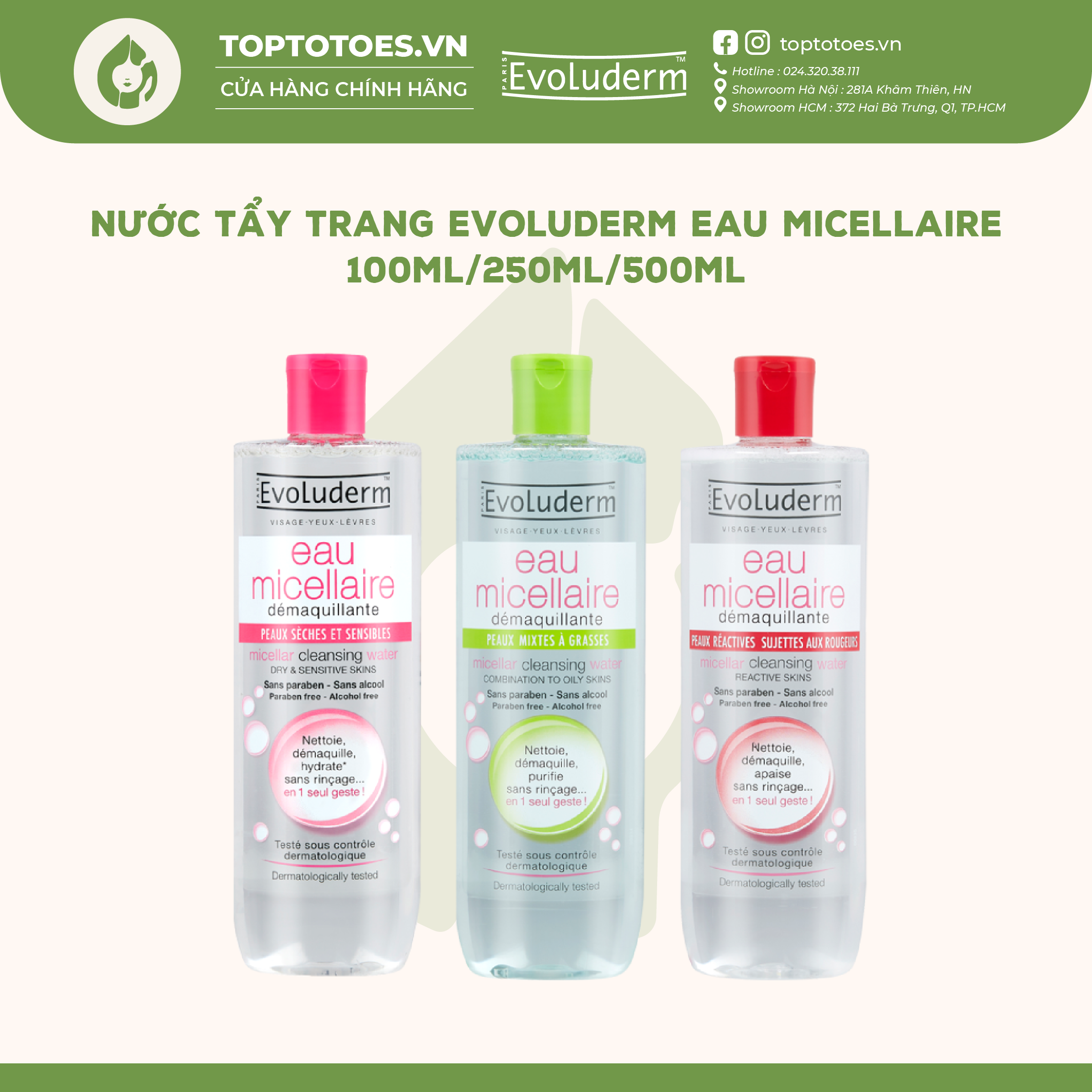 Nước tẩy trang Evoluderm Eau Micellaire 100ml/250ml/500ml