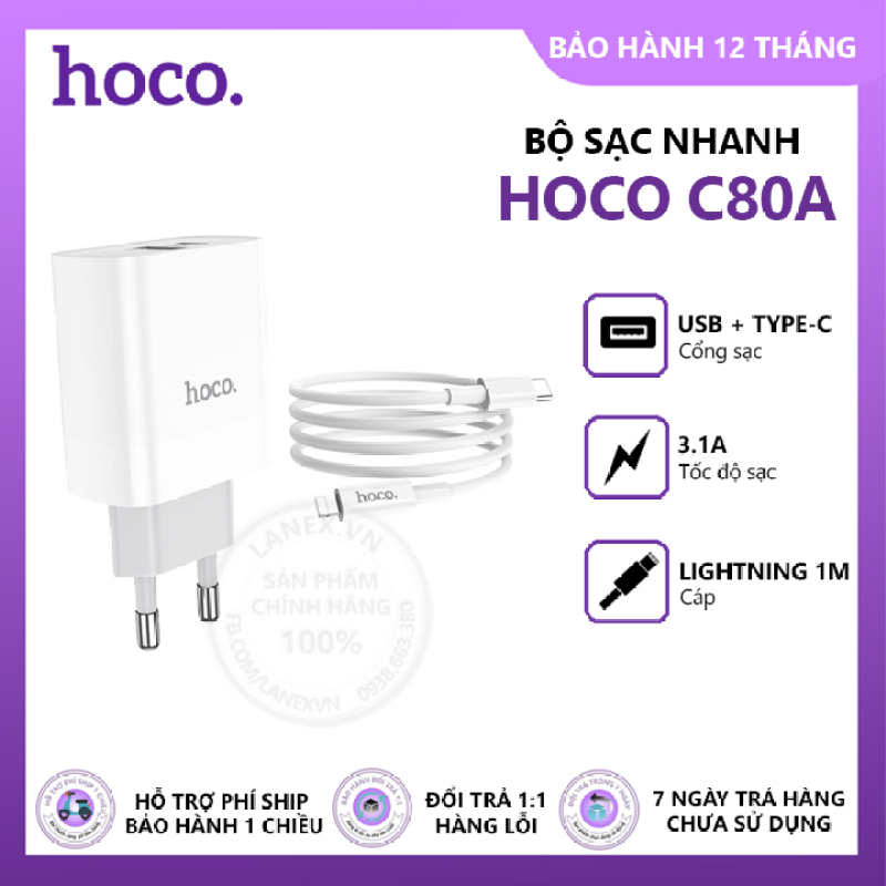 Bộ sạc nhanh Hoco C80A 1 cổng USB + 1 cổng Type-C 3.1A QC3.0 20W kèm cáp Lightning dài 1m