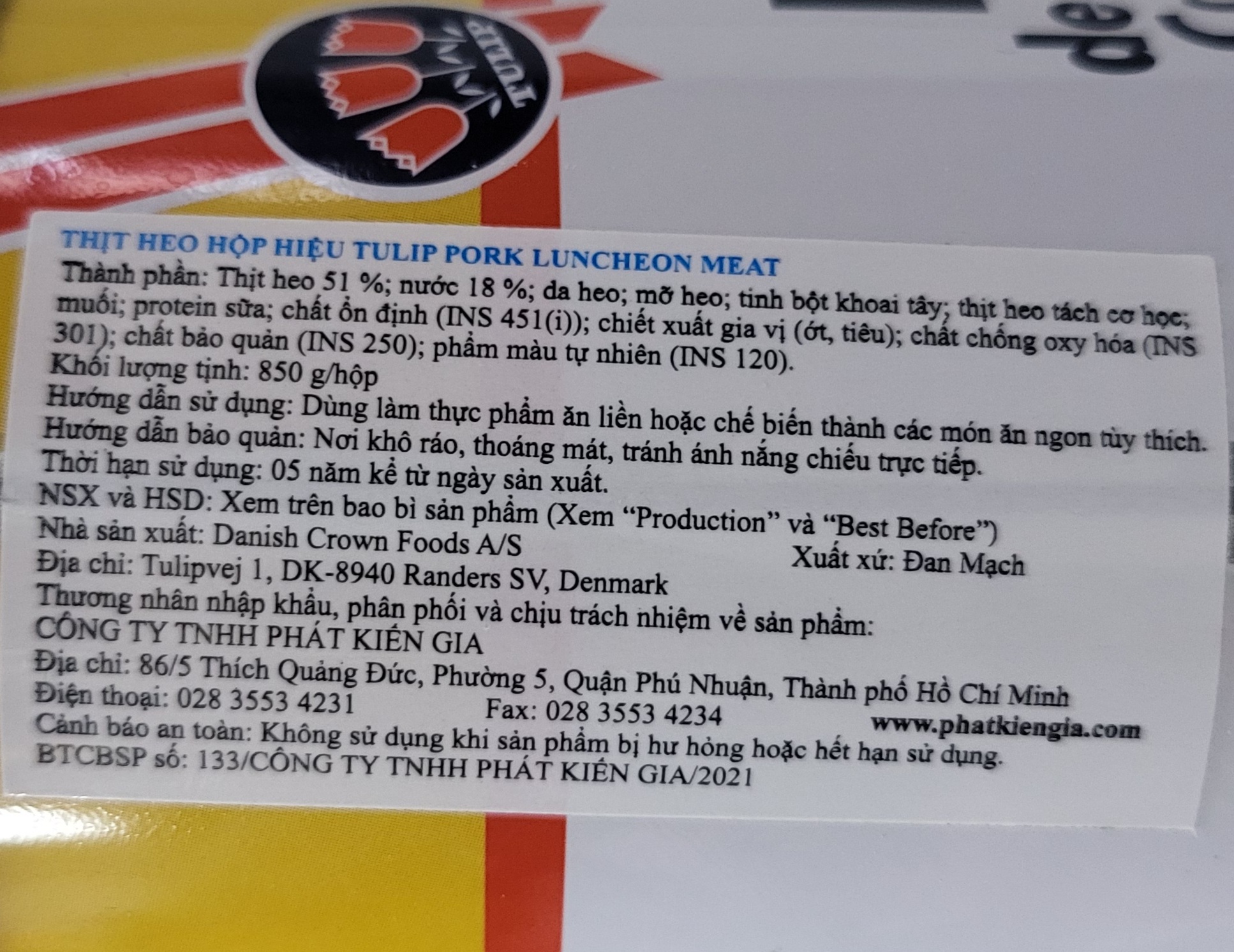 [LON CAO 850g] THỊT HEO HỘP [Denmark] TULIP Classic Pork Lucheon Meat (pkg)