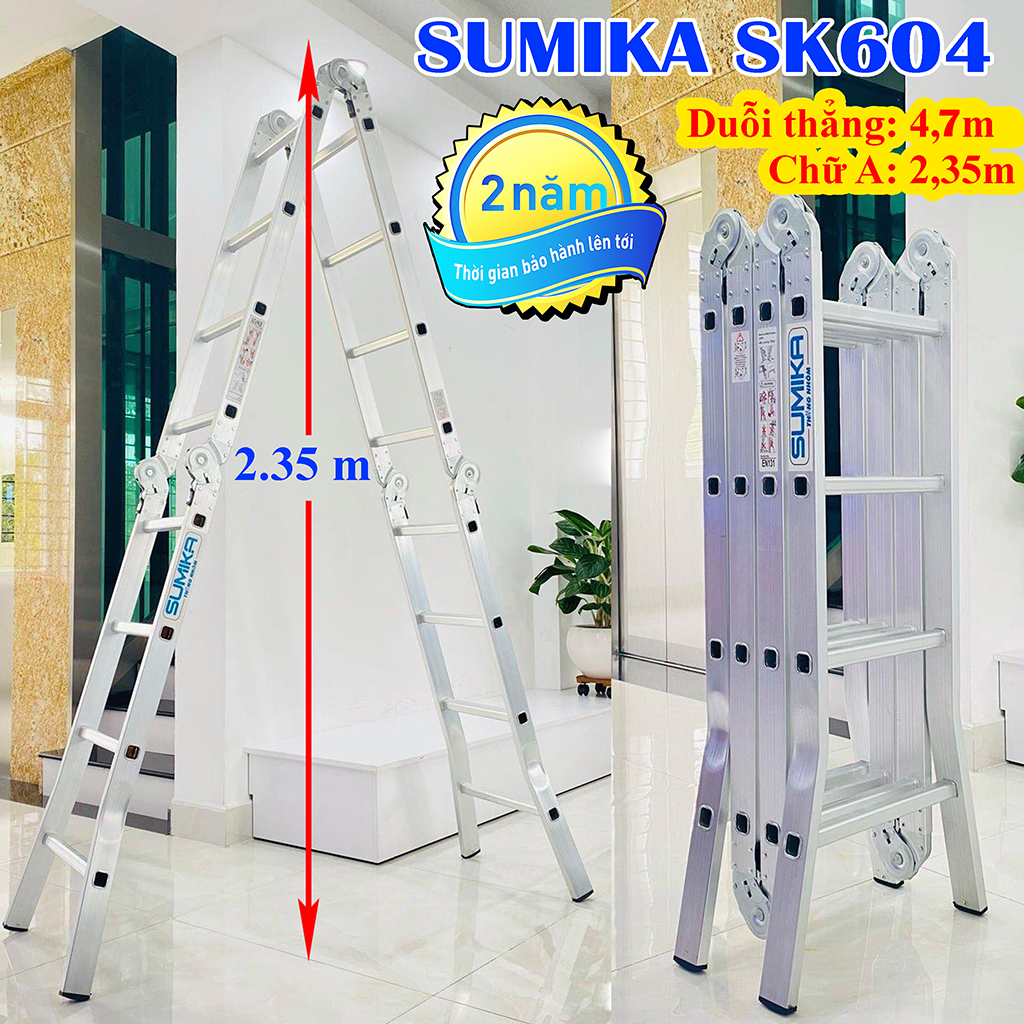 Thang nhôm gấp 4 đoạn Sumika SK604 - Chữ A 2,35m duỗi hẳng 4,7m, Công nghệ dập của Đức, Tải trọng 300 kg, Độ dày của nhôm 1.5mm Trang bị: Đế cao su chống trơn trượt