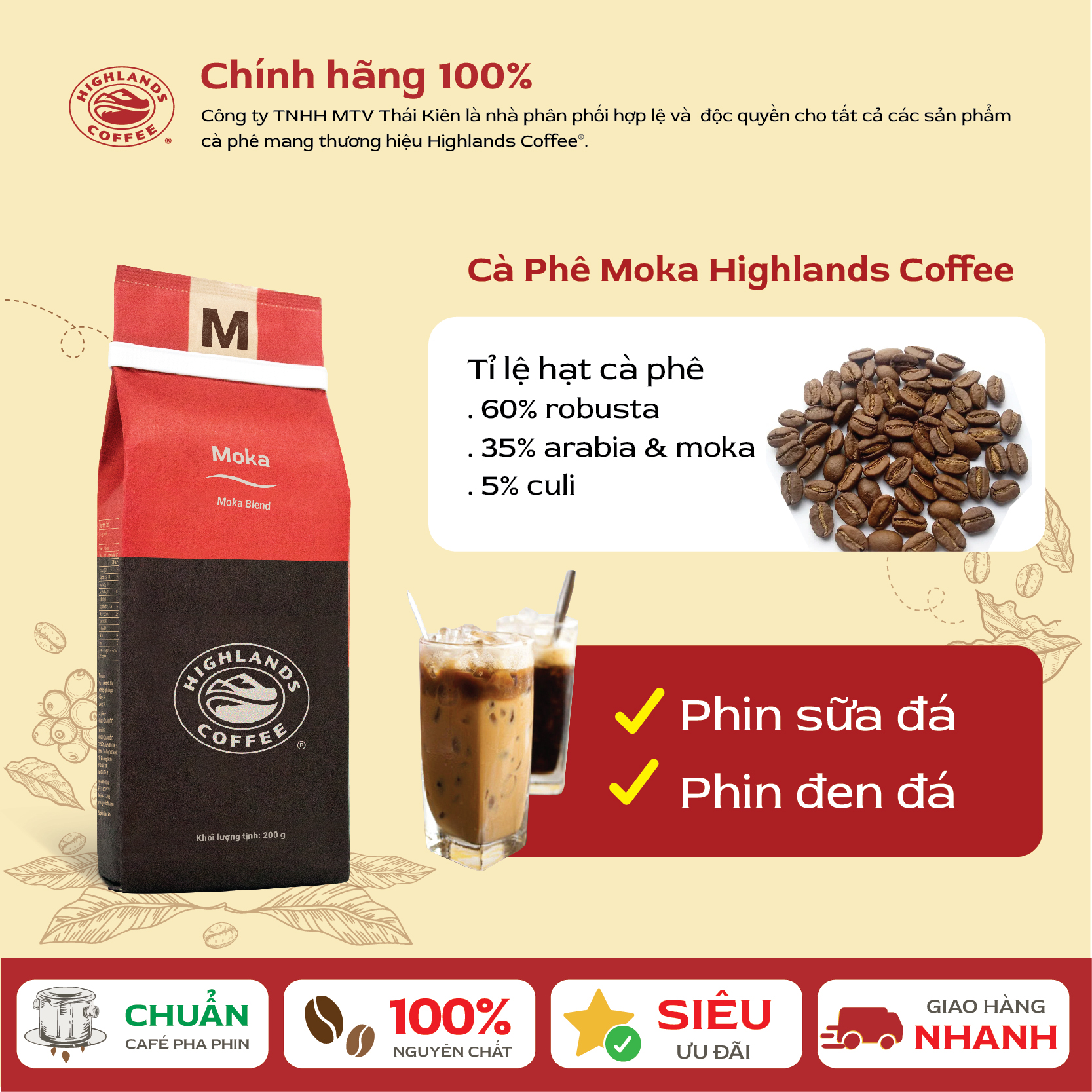 [Free 01 Highlands Stainless Steel Filter] Combo of 3 Moka Highlands Coffee Roasted and Ground Coffee 200g (Gift Included, Shown in the Cart, Please Check Carefully)