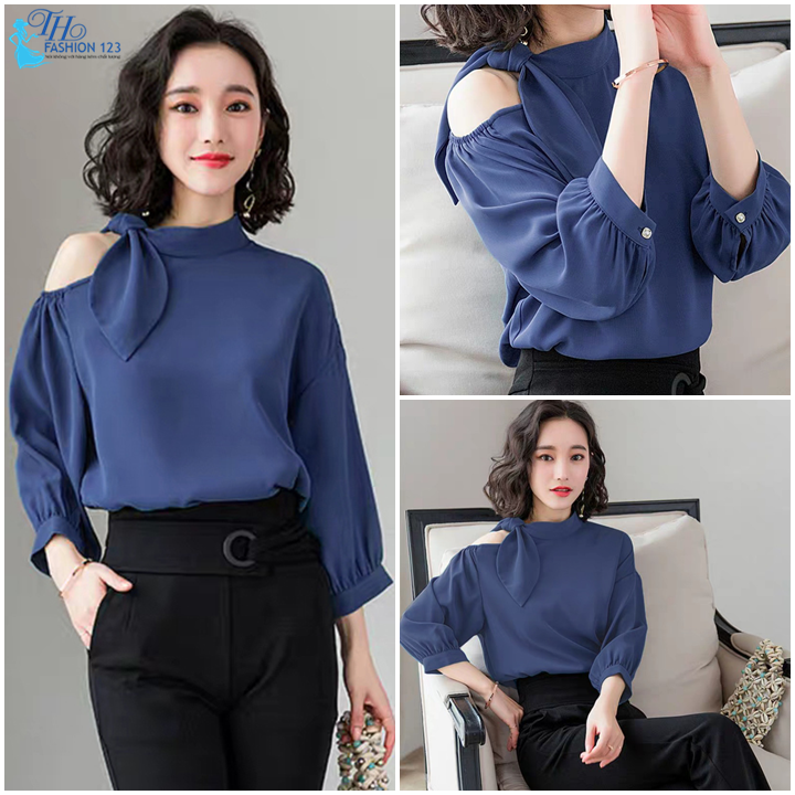 [PILA FASHION]ÁO SƠMI TAY CỘT NƠ MÀU XANH - AP002