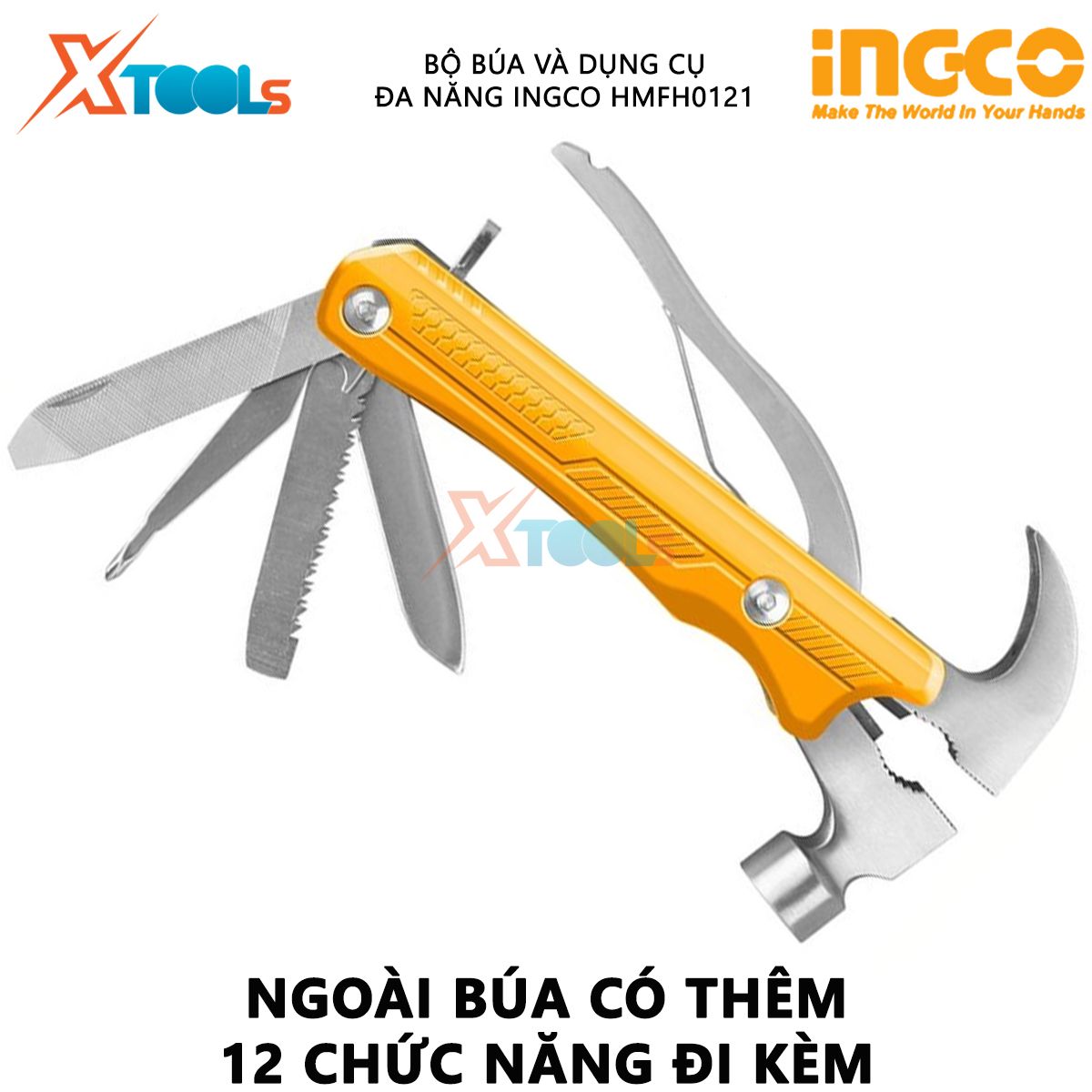 Búa đa năng INGCO HMFH0121 | búa mini đa năng 12 chức năng gồm Búa kẹp Kìm mũi dẹt Kìm thường Kìm cắt dây Dao lớn Cưa gỗ XTOOLs