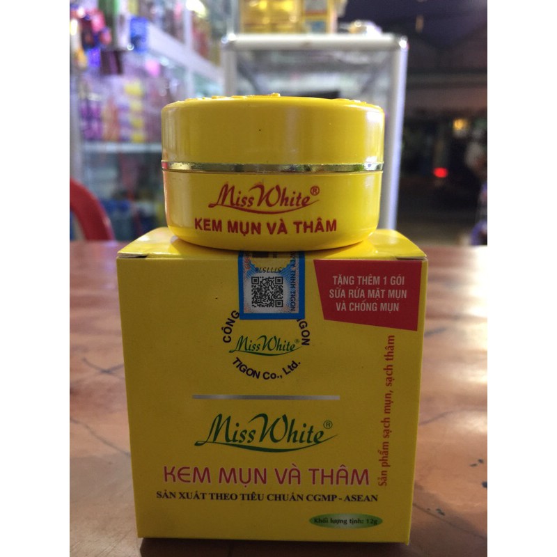 Combo hết mụn, thâm, trắng da, kem 12g, sữa rửa mặt trà xanh Miss white 100ml ( như hình)