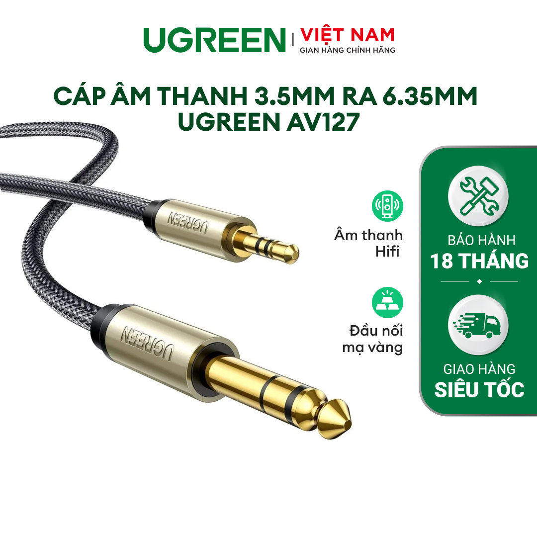 Cáp âm thanh 3.5mm ra 6.35mm UGREEN AV127 | Truyền tải âm thanh Hifi chất lượng cao | Đầu nối mạ vàng, vỏ bện chống rối | Bảo hành 18 tháng 1 đổi 1