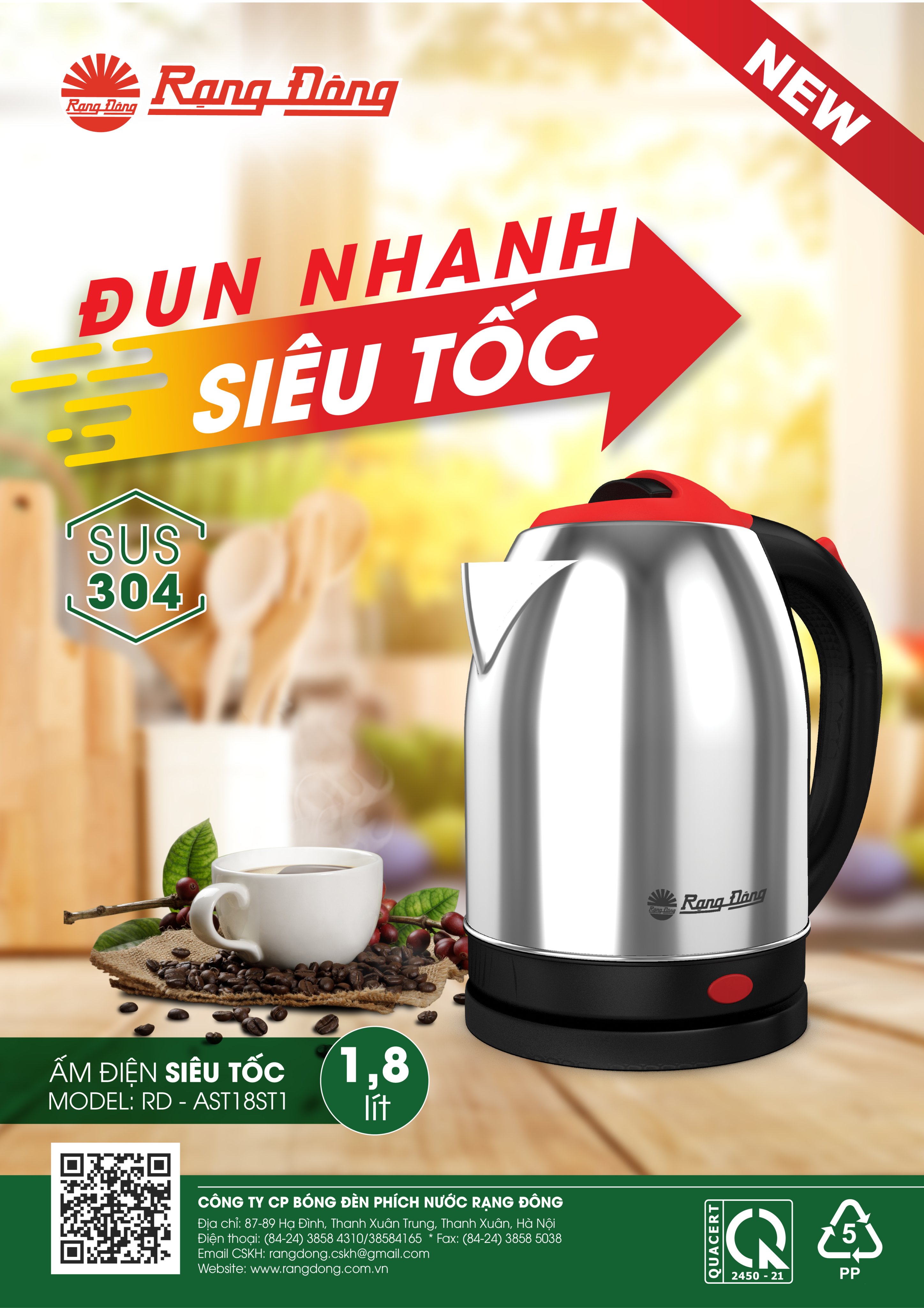 Ấm điện siêu tốc Rạng Đông 1,8 lít RD-AST18ST1