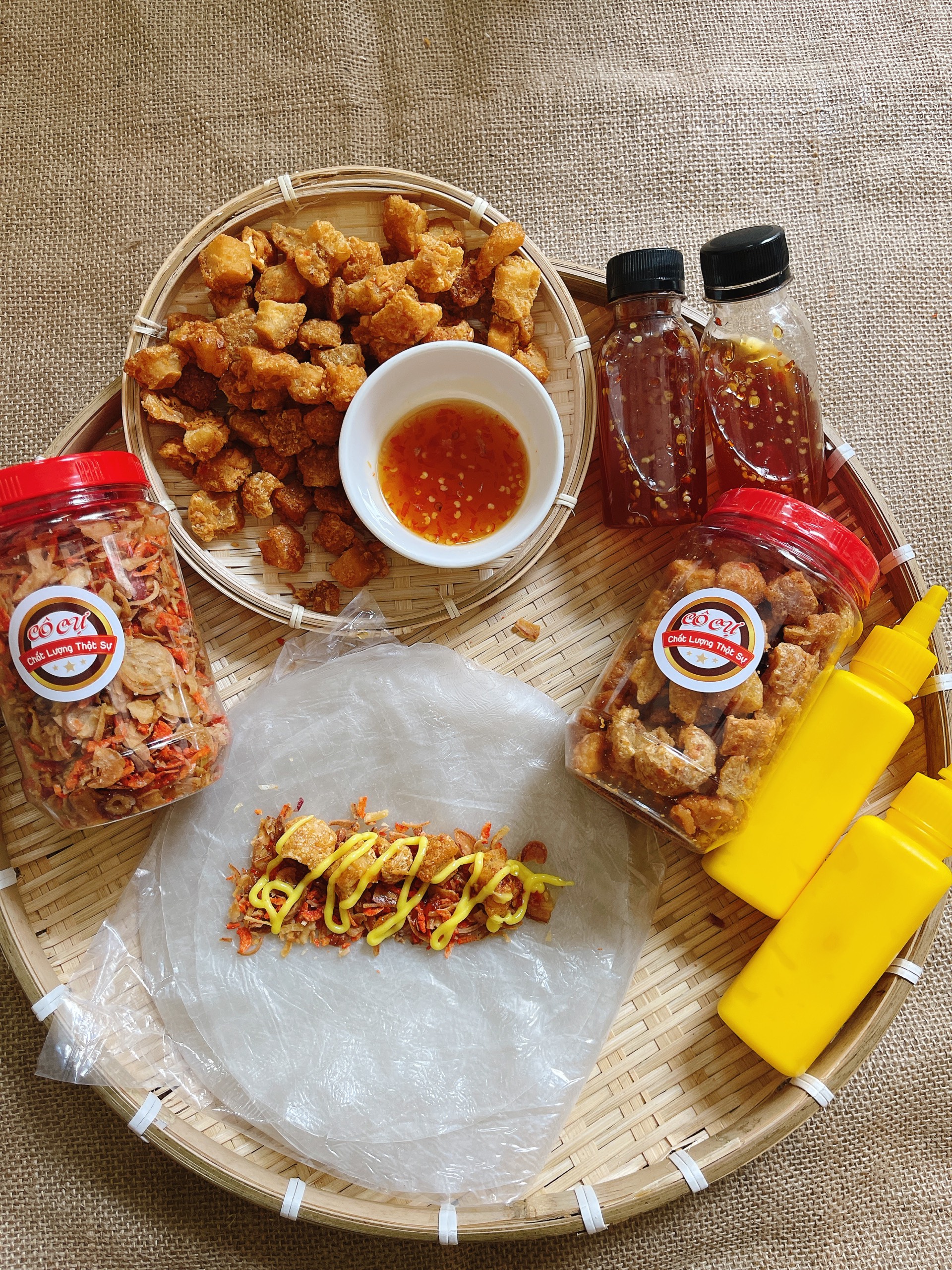 COMBO Bánh tráng phơi sương 250gr, muối ruốc hành phi 200gr+50ml sốt tắc+ bơ béo thơm ngon