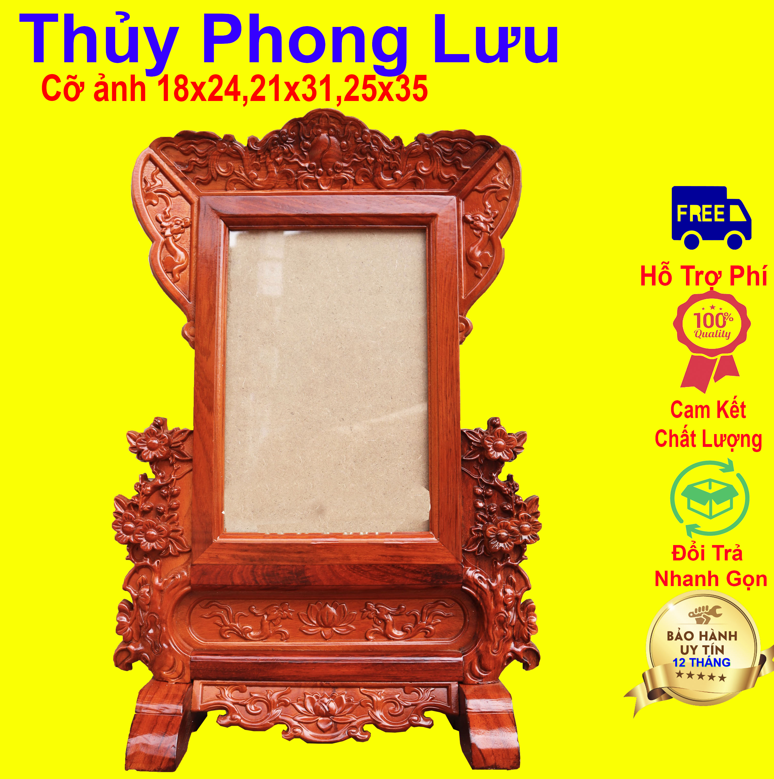 Khung ảnh bàn thờ gia tiên trạm hoa mai gỗ hương cỡ 21x31,25x35