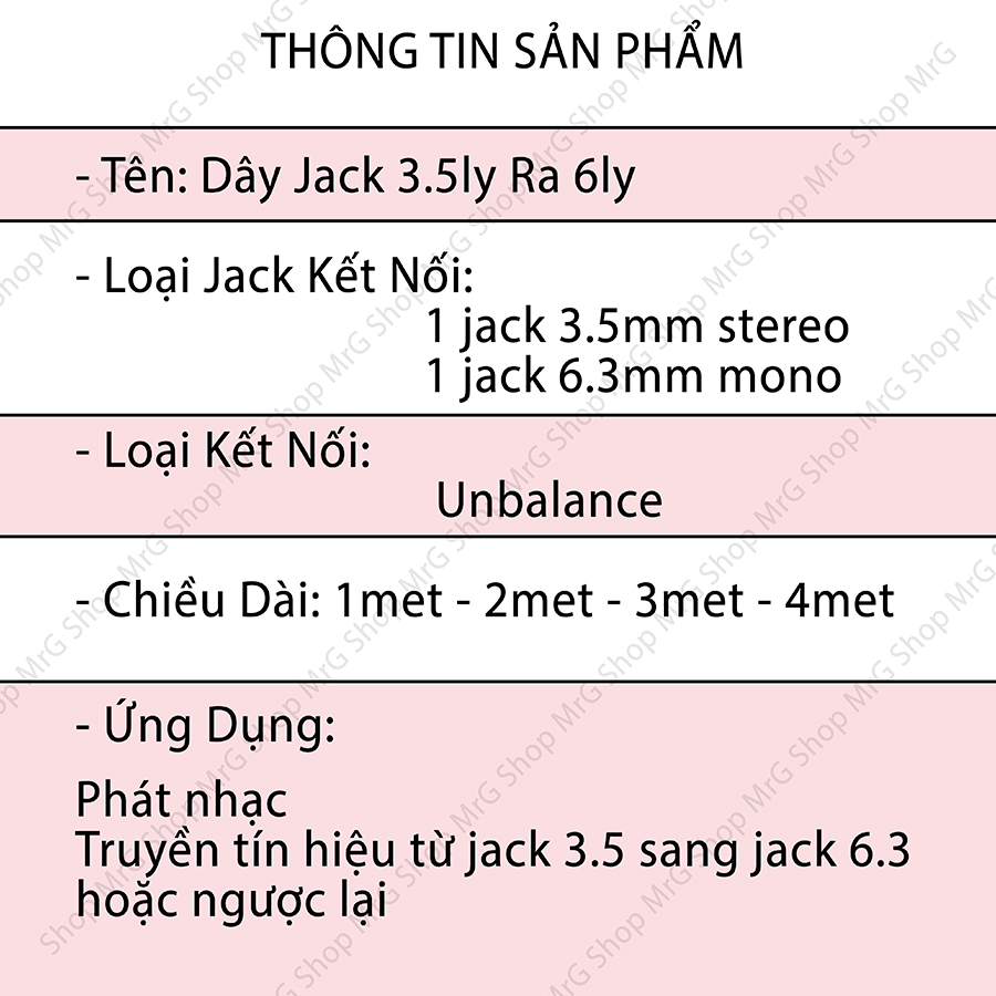 Dây Jack 6.5mm mono Ra 3.5mm stereo dài 4met 3met 2met 1met - MrG dây 3 5mm ra 6 Ly, dây 6 ly ra 3.5, dây âm thanh jạck 3.5 ra 6.5ly, cáp 3.5 ra 6ly, dây tín hiệu jack 6ly ra 3.5ly