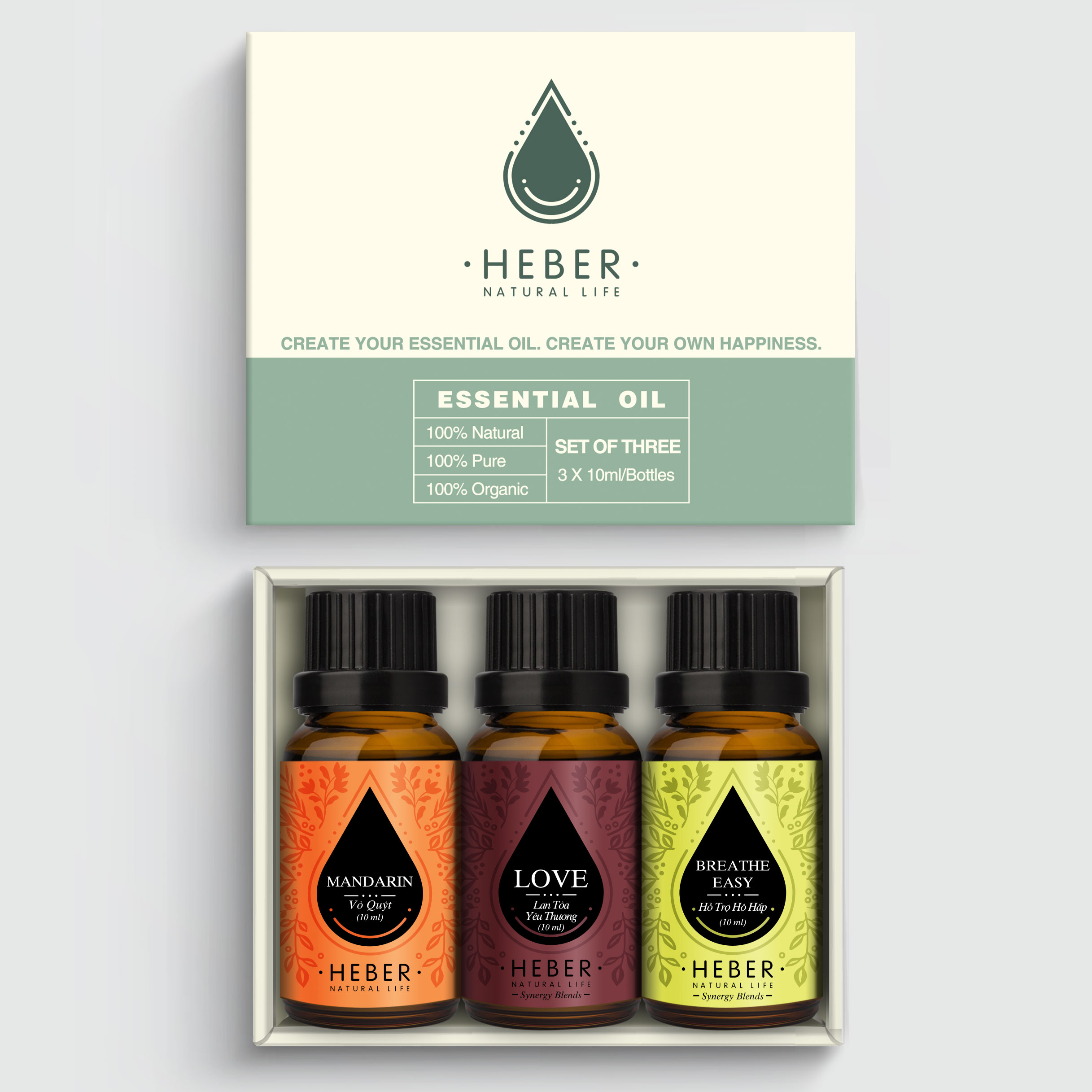 Set 3 chai 10ml tinh dầu xông phòng có trẻ em heber natural life, 100% thiên nhiên nguyên chất cao cấp, xông thơm phòng