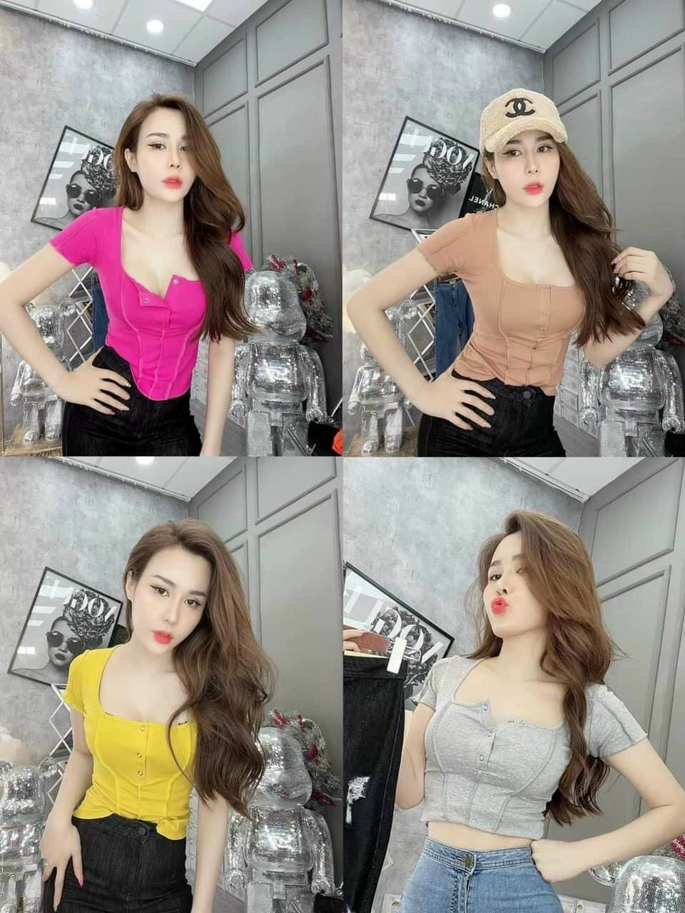 Áo kiểu nữ cổ vuông cài nút tay ngắn