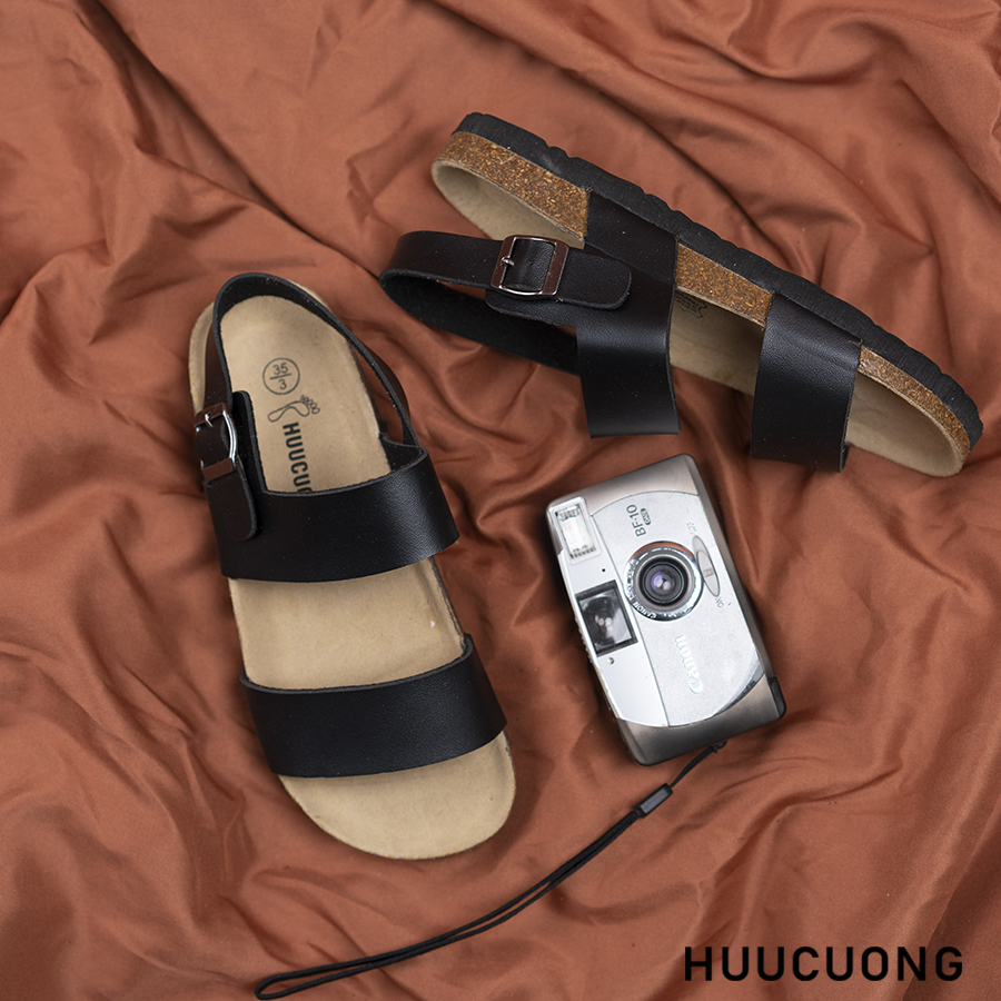 Giày Sandal đế trấu unisex 2 quai da pu đen