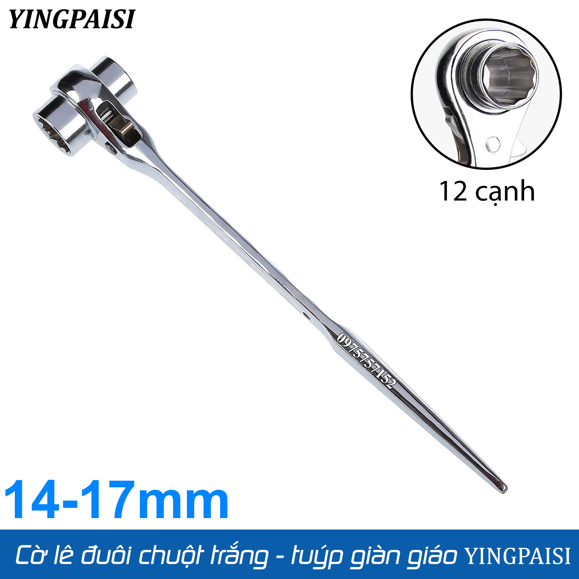Cờ lê đuôi chuột trắng 14-17 mm, cờ lê giàn giáo tự động YINGPAISI thép trắng CR-V, tuýp giàn giáo đa năng 2 đầu, công tắc đảo chiều nhanh (Màu trắng)
