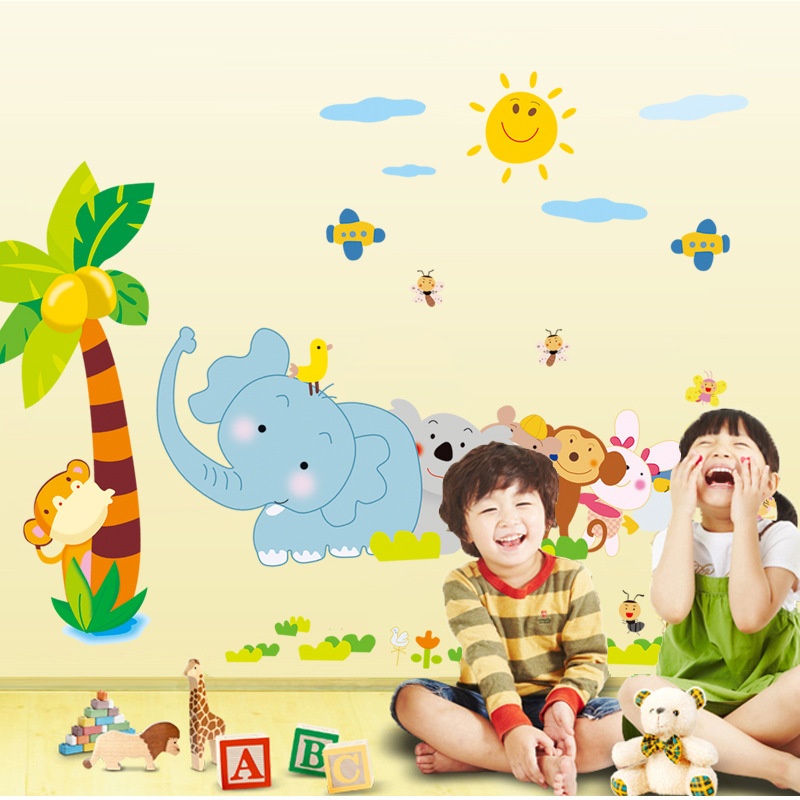 Decal dán tường khỉ con voi con cho bé AY7261-kiddecals Có sẵn keodán trên mọi bề mặt