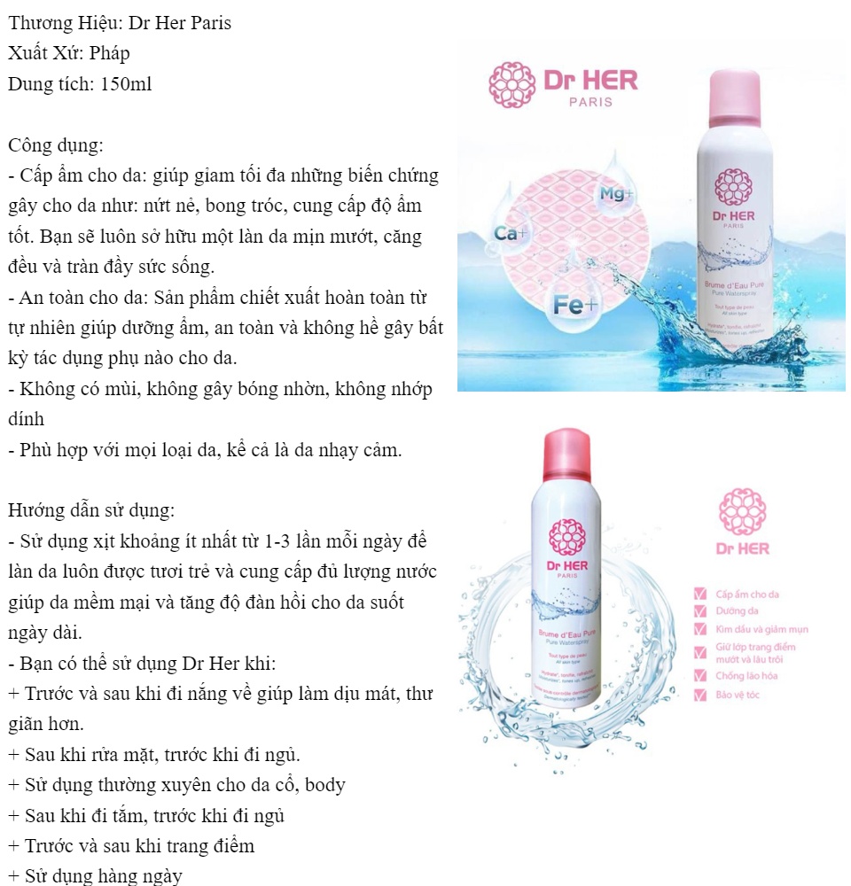 Xịt khoáng Dr Her cấp ẩm và làm diệu da 150ml