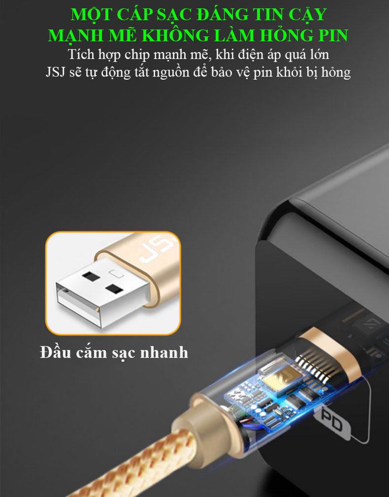 Cáp sạc nhanh 3 đầu (Type-C, Micro USB, Lightning) 3.0A JSJ USB-233 dài 1.2m
