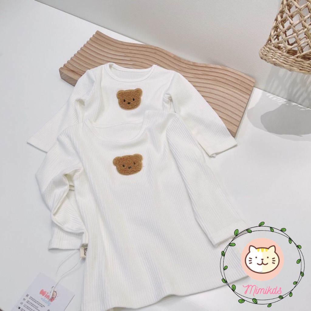 Áo dài tay đính gấu chất cotton cho bé trai , bé gái 2 màu trắng và nâu cho bé Mimikids QA32