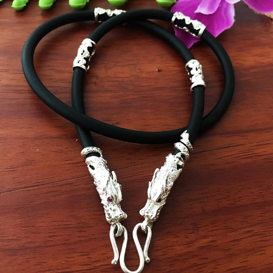 Dây da - dây cao xu độ dài 50cm size 4.5ly bọc con rồng cuốn bốn đốt chất liệu bạc thật không xi mạ Bạc Quang Thản - QTVCD7(BẠC)