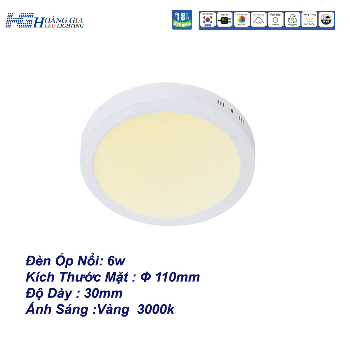 Đèn led ốp nổi 6w tròn ánh sáng vàng