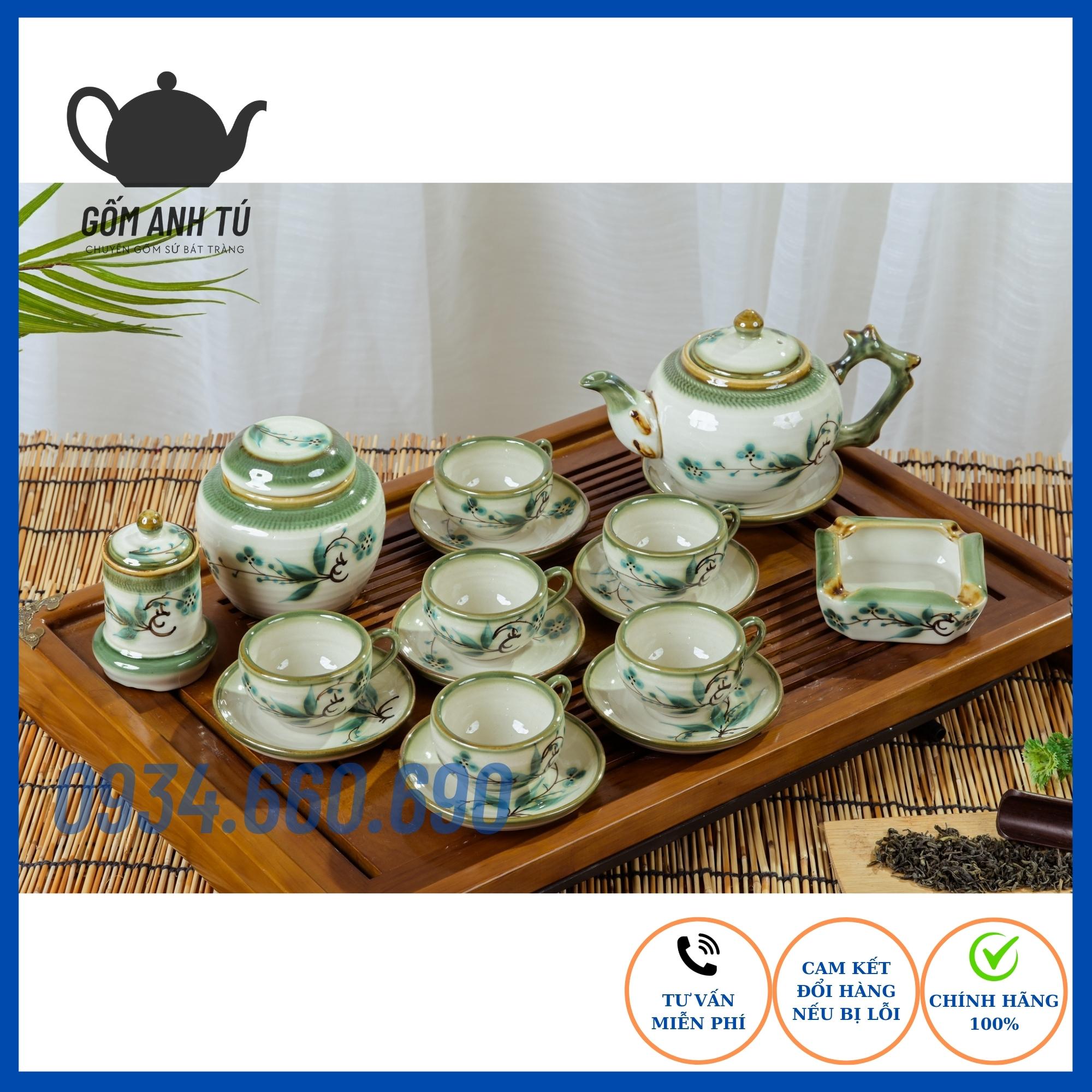 Bộ ấm chén Bát Tràng ấm pha trà men bóng vẽ hoạ tiết hoa Đào xanh dung tích ấm 500ml