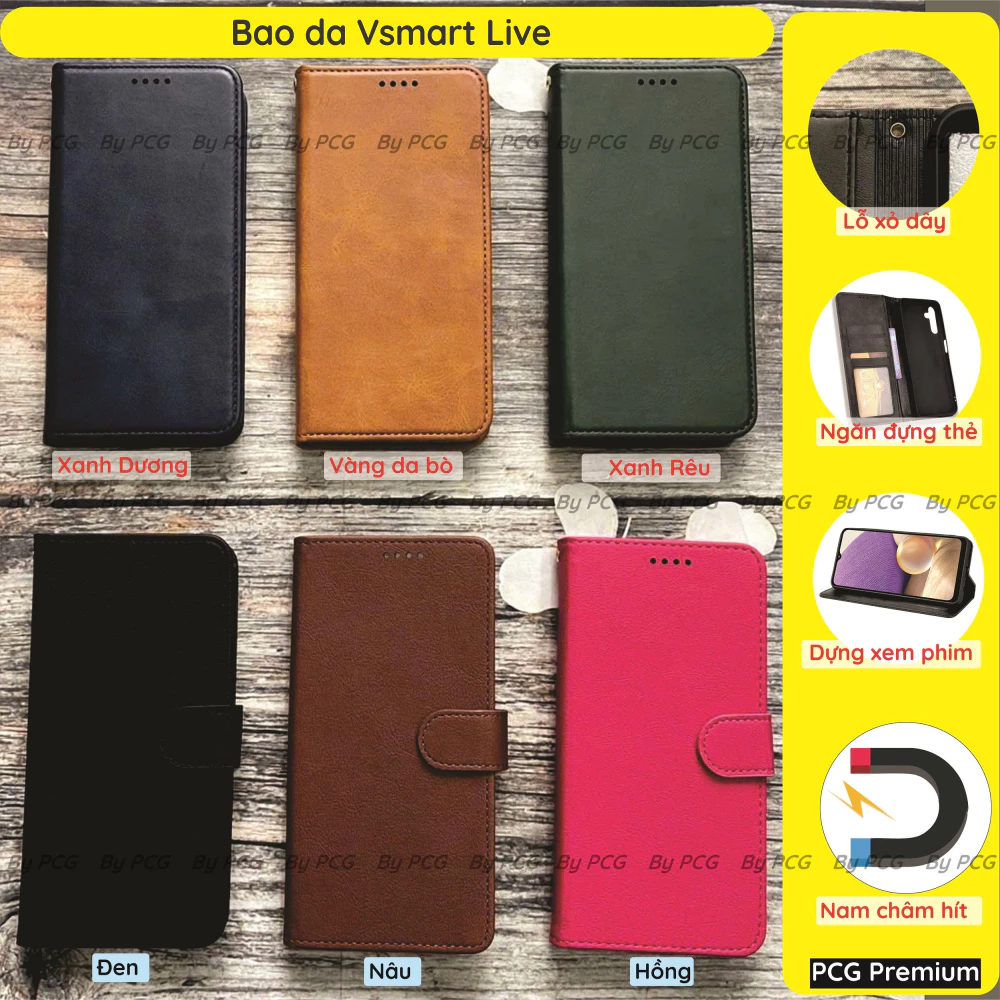 Bao da Vsmart Live chất liệu da cao cấp, sang trọng, có ngăn chứa thẻ, nắp gập chống đỡ