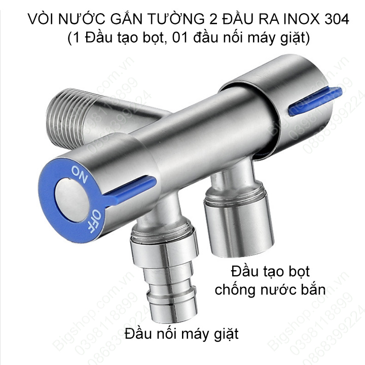 Vòi nước lạnh 2 đầu ra gắn tường, đường kính ren vào ra 21mm, ren ngoài (1 đầu ra tạo bọt, 1 đầu gắn máy giặt)