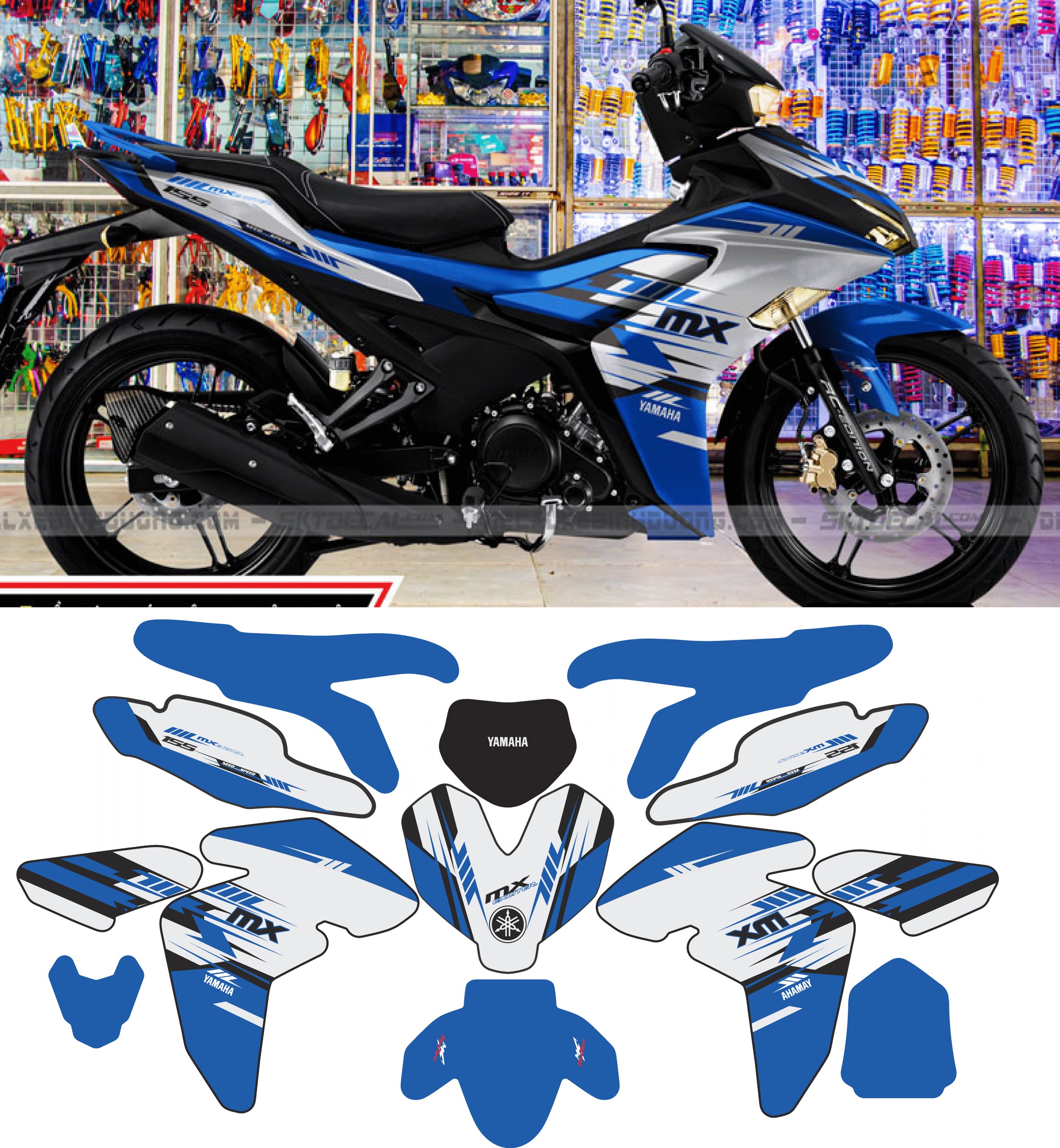 Tem trùm xe exciter 155 MX XANH GP đẹp - Tem dán xe máy exciter 155 MX XANH GP thiết kế theo yêu cầu - tem trùm exciter 155 độ chế đẹp và rẻ chất