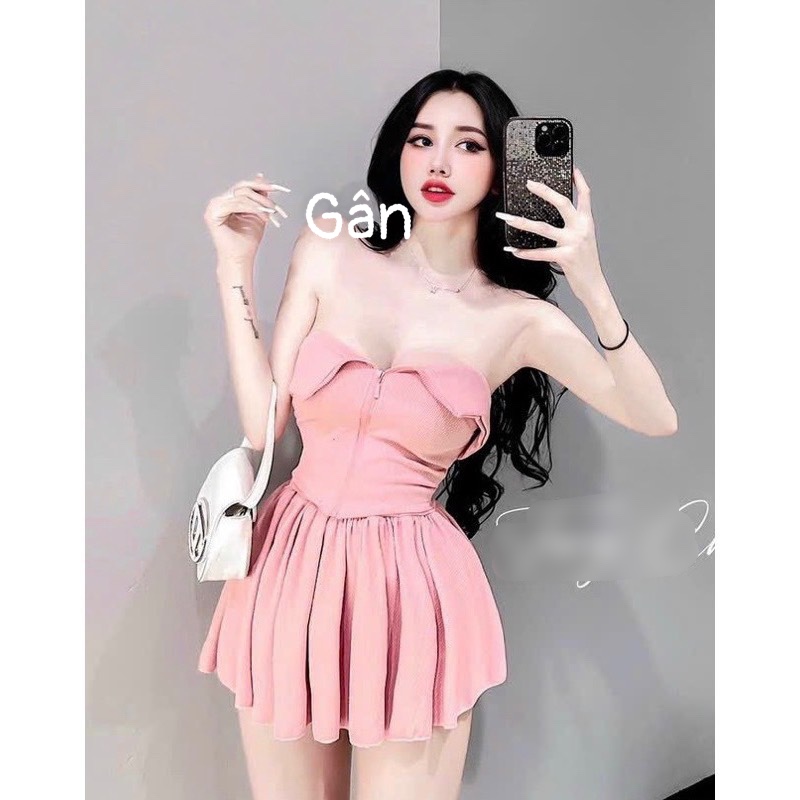 Sét bộ áo ống gấp ngực dây kéo phối chân váy xòe có lót cực sexy , chất thun gân dày dặn