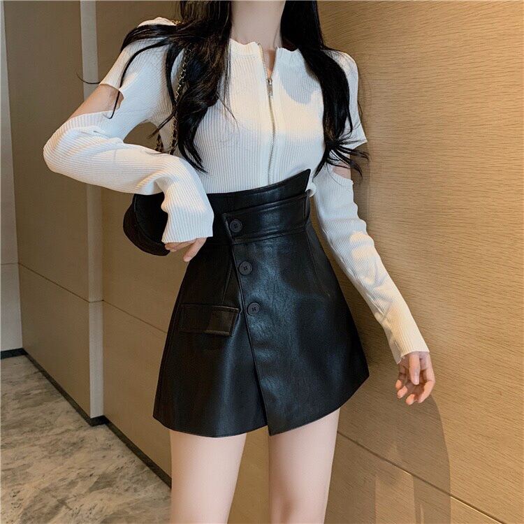 CHÂN VÁY DA CẠP CAO CHÉO LƯNG GIẢ QUẦN DA