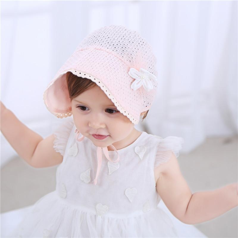 Mũ bonnet cotton đục lỗ đính hoa cho bé MB003
