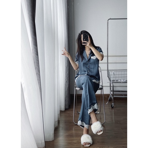 SN846 - BỘ PYJAMA LỤA NỮ CỘC TAY QUẦN DÀI PHỐI REN TRẮNG