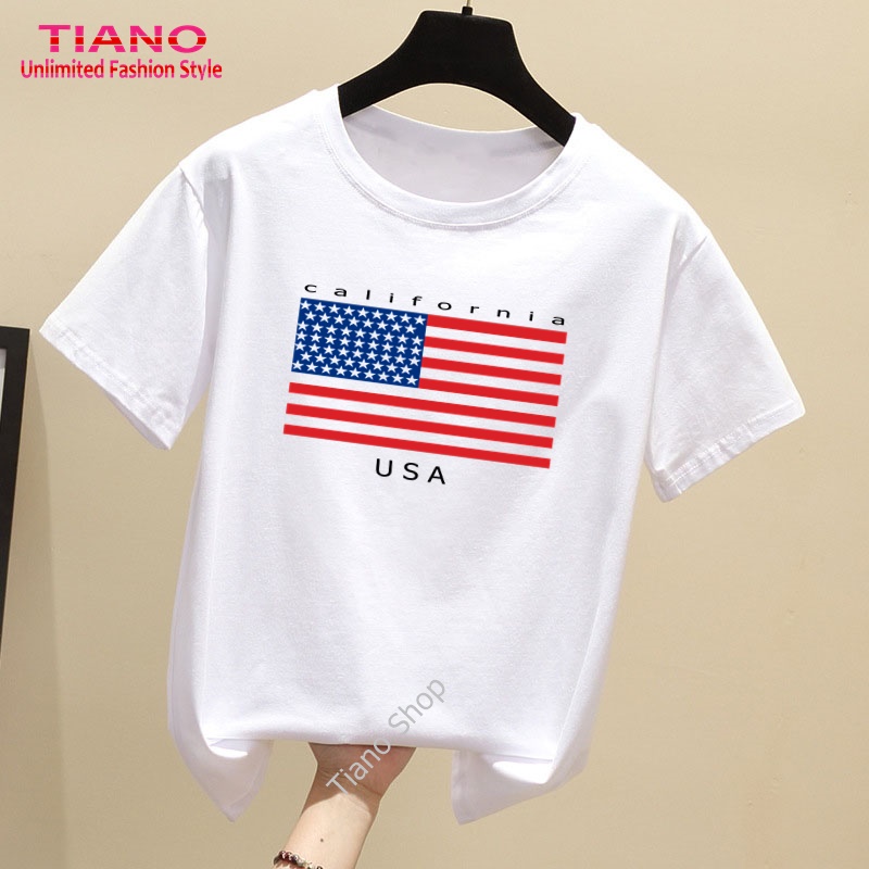 Áo Thun Nữ Tay Ngắn In Hình Lá Cờ USA Dễ Thương Tiano TIA-310