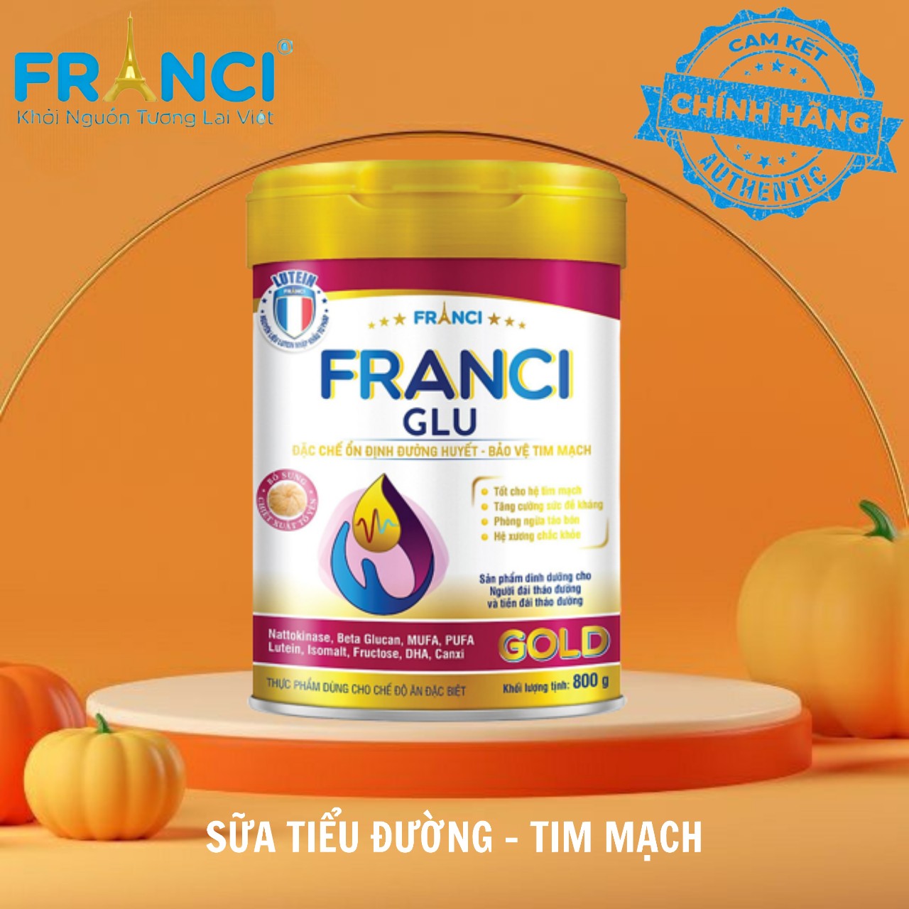 Sữa bột franci glu gold 800g hỗ trợ tiểu đường, tim mạch, tăng huyết áp, đột quỵ - date mới